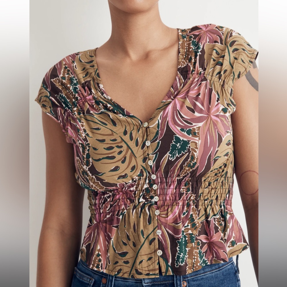 NWOT Madewell Shirred Cap-Sleeve Top in Brushstroke Monstera. Size Medium